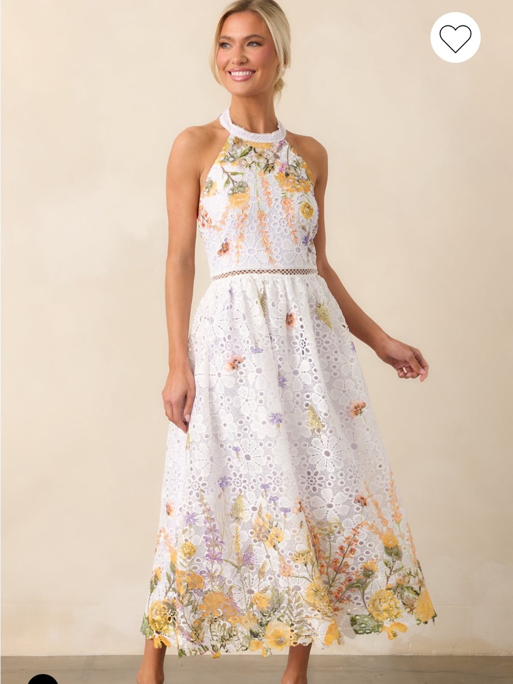 White Floral Lace Halter Midi Dress